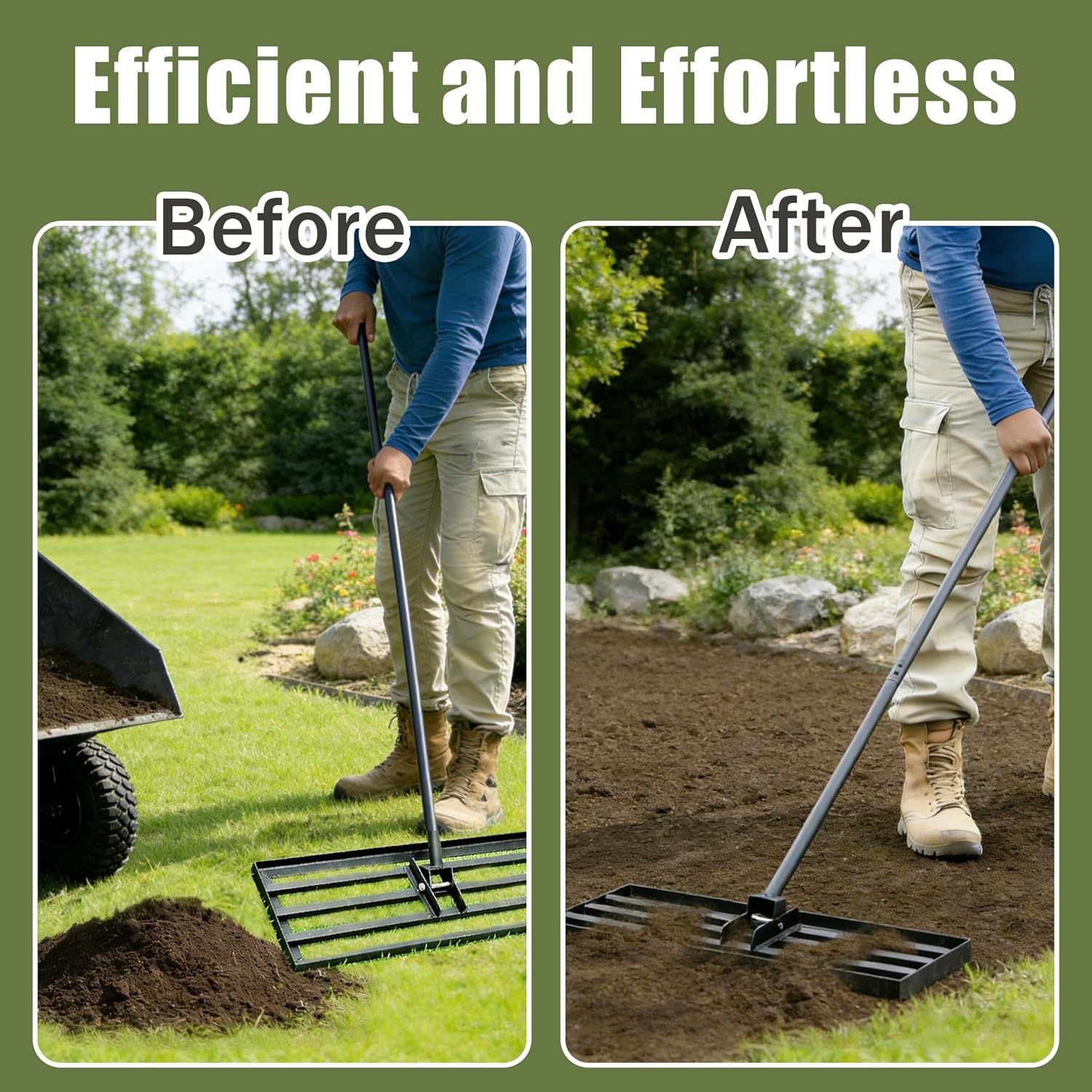 Grasrakel 75 x 25 cm, zware nivelleringshark met ergonomische gebogen handgreep, gazonhark voor aarde, grind, meststof, ideaal voor tuin, erf en golfbaan (185 cm)