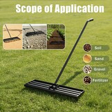 Grasrakel 75 x 25 cm, zware nivelleringshark met ergonomische gebogen handgreep, gazonhark voor aarde, grind, meststof, ideaal voor tuin, erf en golfbaan (185 cm)