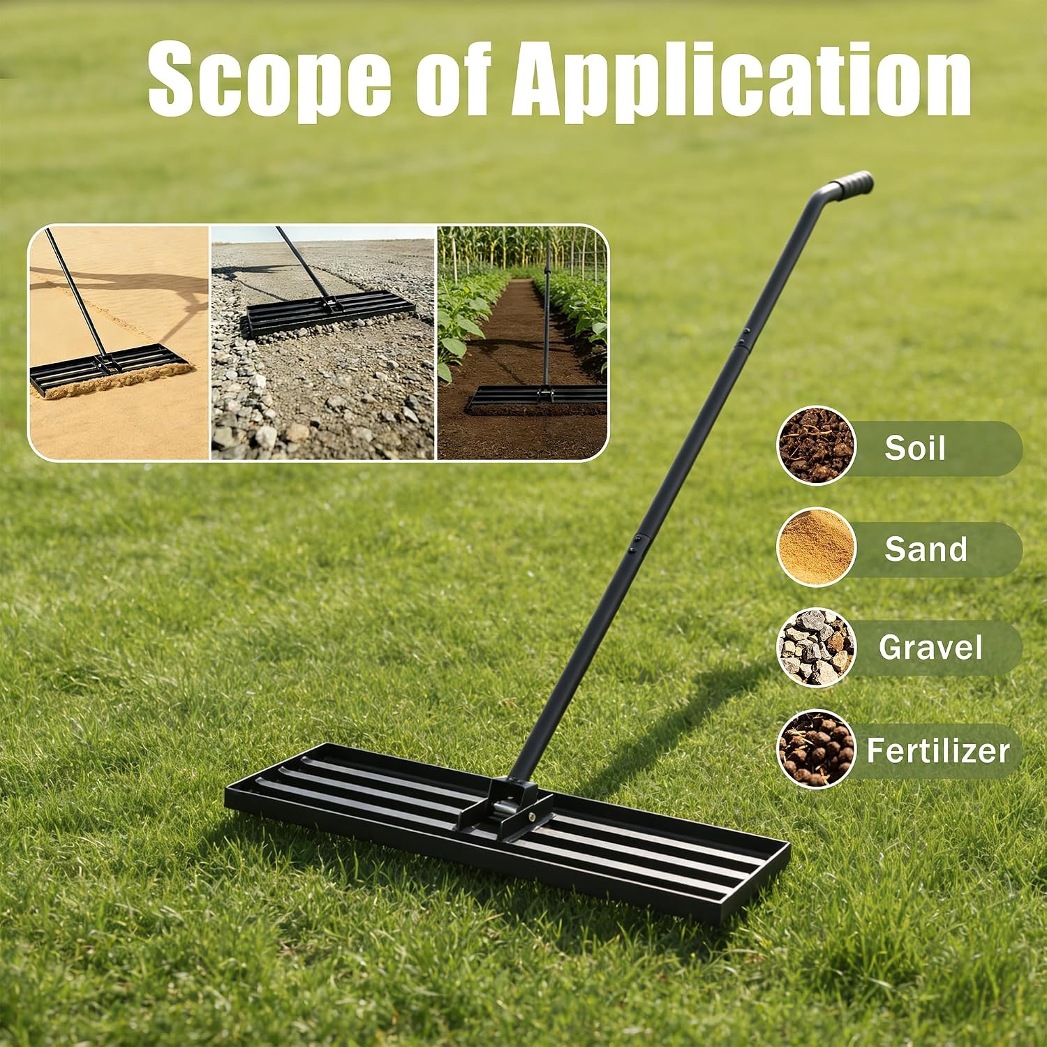 Grasrakel 75 x 25 cm, zware nivelleringshark met ergonomische gebogen handgreep, gazonhark voor aarde, grind, meststof, ideaal voor tuin, erf en golfbaan (185 cm)