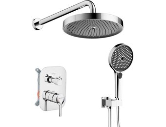 Ronvie Regendoucheset - 28 cm grote watervaldouchekop met zelfreinigend, 3 sproeimodi met waterbesparend ontwerp, verchroomde afwerking, vloeibare siliconen sproeiers met doucheklep inbegrepen (rond)