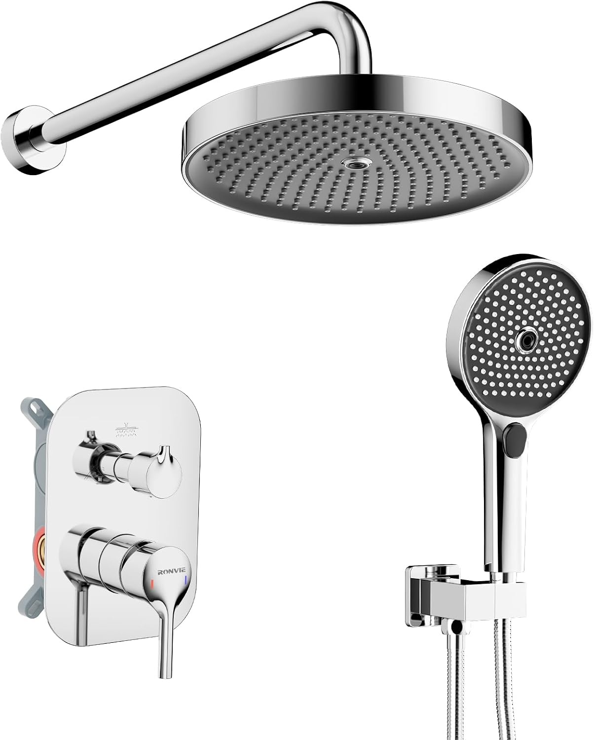 Ronvie Regendoucheset - 28 cm grote watervaldouchekop met zelfreinigend, 3 sproeimodi met waterbesparend ontwerp, verchroomde afwerking, vloeibare siliconen sproeiers met doucheklep inbegrepen (rond)