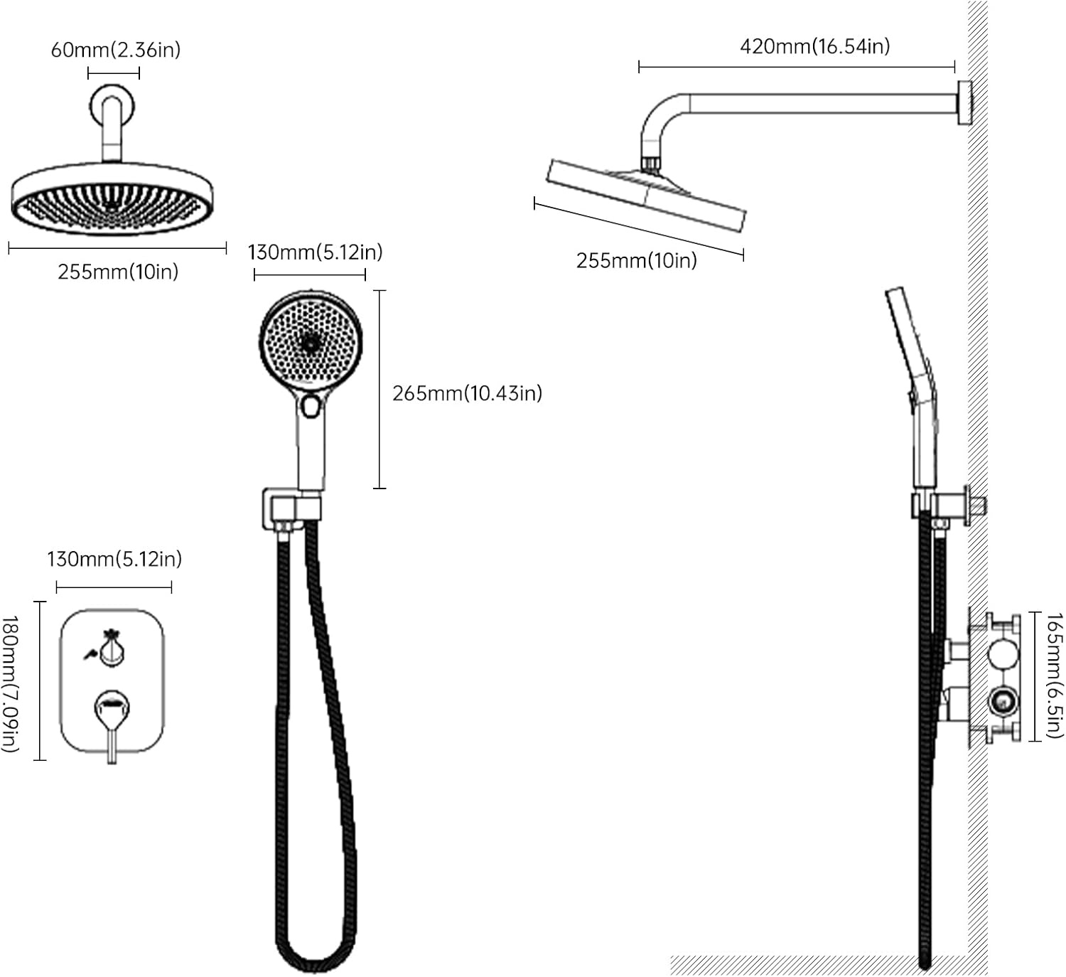Ronvie Regendoucheset - 28 cm grote watervaldouchekop met zelfreinigend, 3 sproeimodi met waterbesparend ontwerp, verchroomde afwerking, vloeibare siliconen sproeiers met doucheklep inbegrepen (rond)