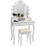 Kaptafel met LED Spiegel, 4 Lades & Kruk - Wit - 35% Korting