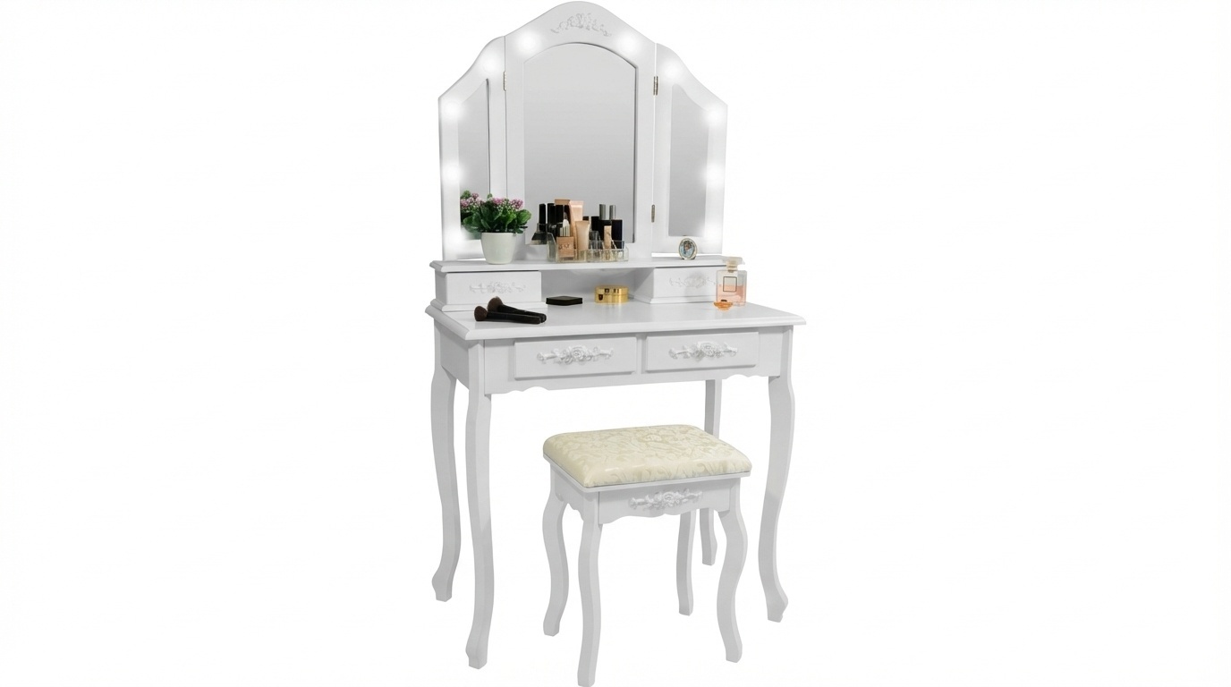 Kaptafel met LED Spiegel, 4 Lades & Kruk - Wit - 35% Korting