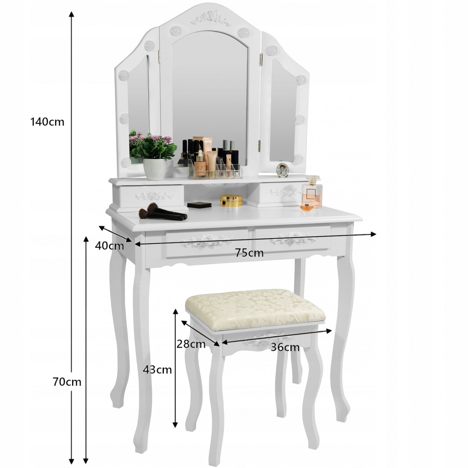 Kaptafel met LED Spiegel, 4 Lades & Kruk - Wit - 35% Korting