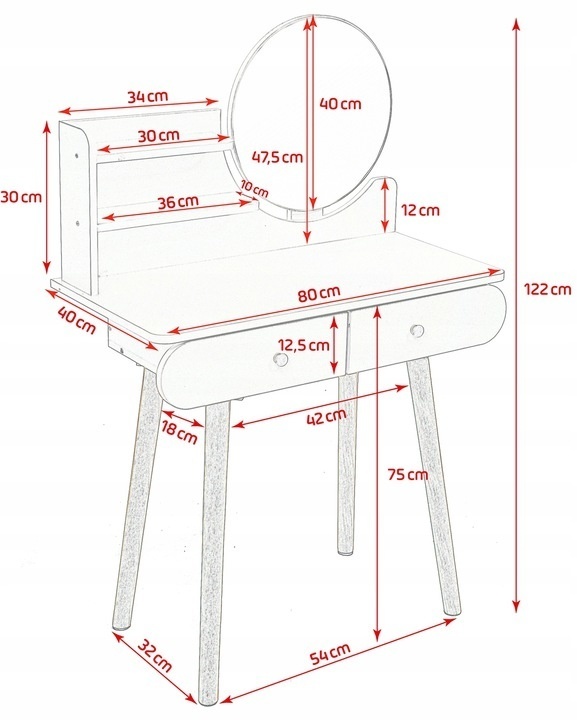 Houten kaptafel met ronde spiegel en lades - 122x80x40 cm