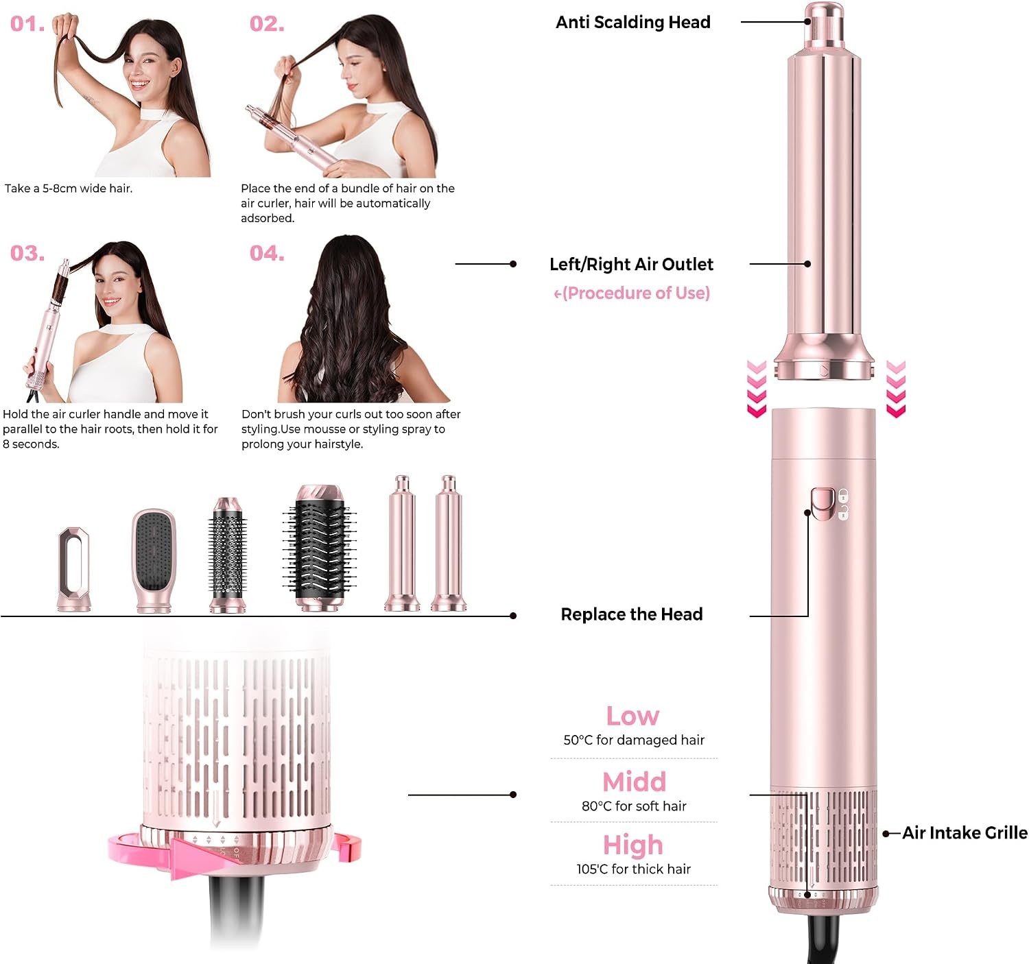 MogaWave Air Styler Pro 6-in-1 Föhnborstel en Krultang - Roze
