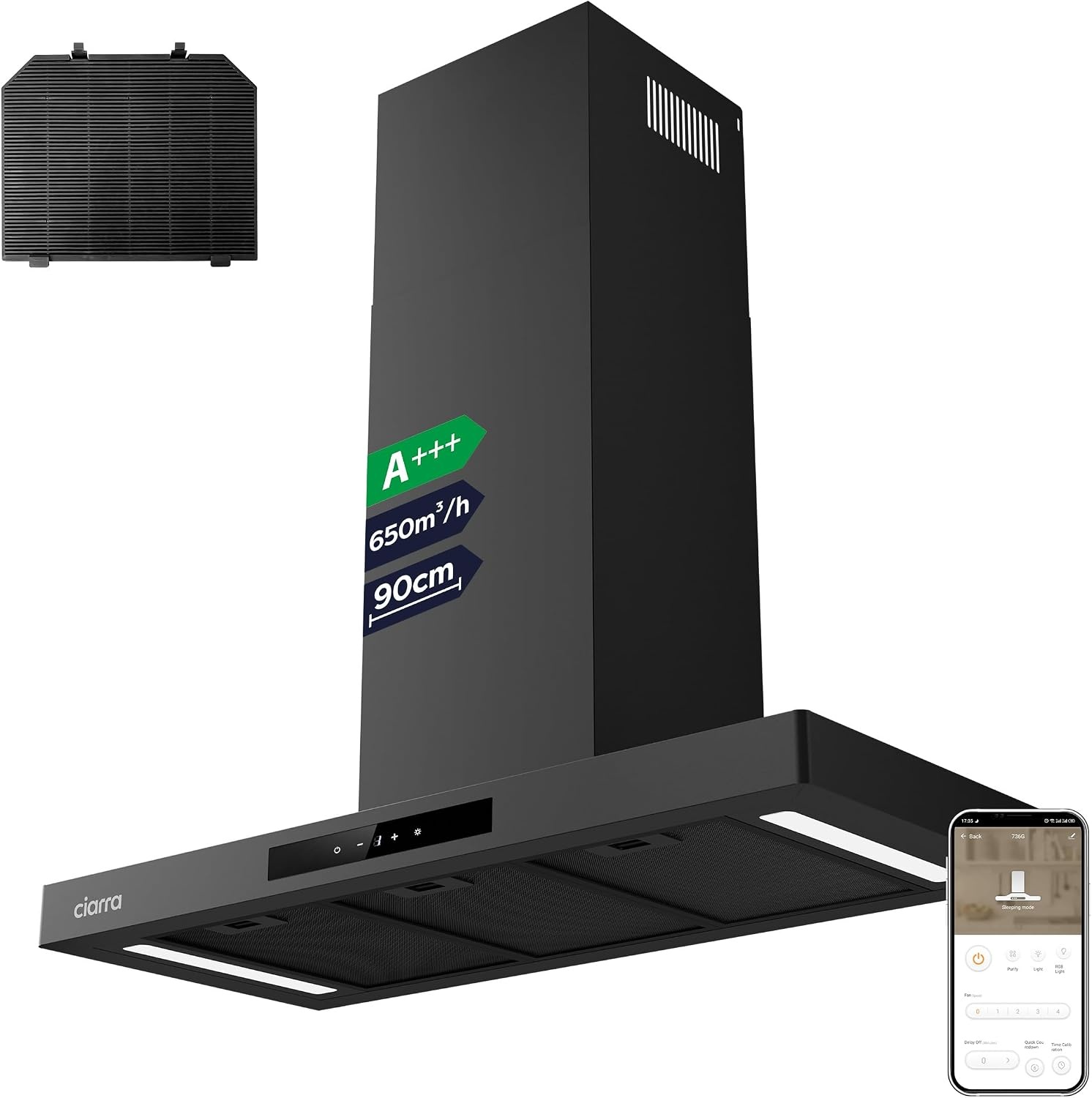 CIARRA CBCB9102-P A+++ Afzuigkap 90cm Recirculatielucht Afzuigkap 650m³/h Wi-Fi App Touch-bediening 4 niveaus Incl. booster Zwart - Maat 90cm