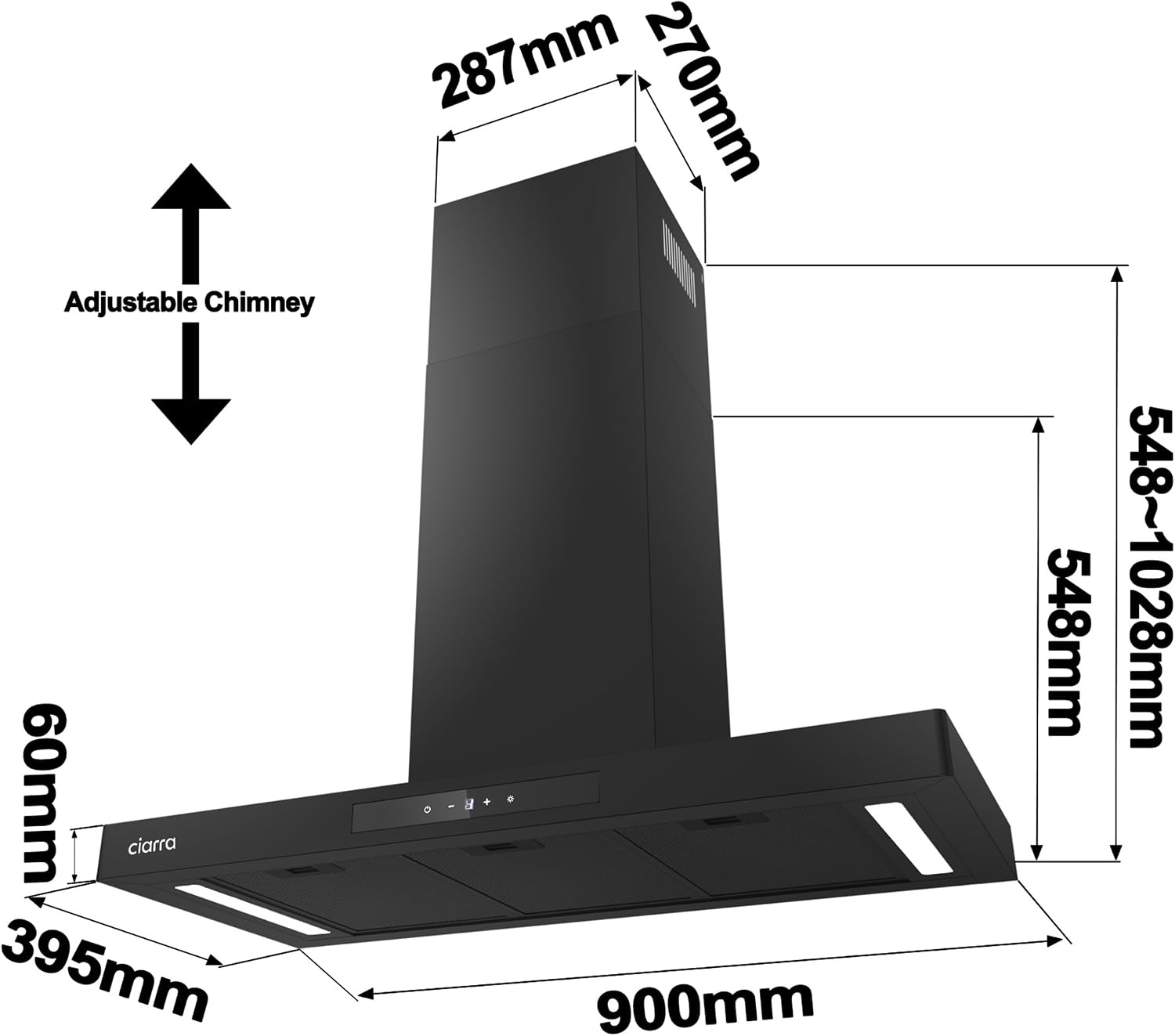 CIARRA CBCB9102-P A+++ Afzuigkap 90cm Recirculatielucht Afzuigkap 650m³/h Wi-Fi App Touch-bediening 4 niveaus Incl. booster Zwart - Maat 90cm