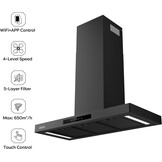 CIARRA CBCB9102-P A+++ Afzuigkap 90cm Recirculatielucht Afzuigkap 650m³/h Wi-Fi App Touch-bediening 4 niveaus Incl. booster Zwart - Maat 90cm