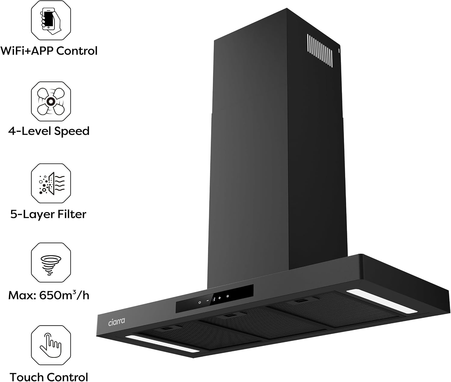 CIARRA CBCB9102-P A+++ Afzuigkap 90cm Recirculatielucht Afzuigkap 650m³/h Wi-Fi App Touch-bediening 4 niveaus Incl. booster Zwart - Maat 90cm