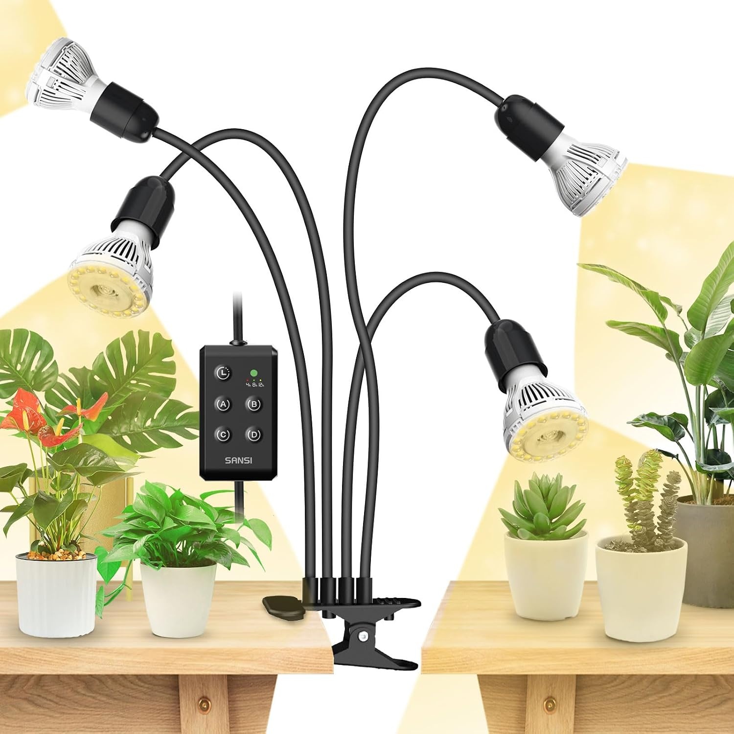 SANSI Led-plantenlamp voor kamerplanten, 600 W, volledig spectrum, 4 zwanenhals, clip, plantenlicht met timer, 4/8/12 uur, groeilamp met hoge PPFD-groeilamp voor tuin, broeikas