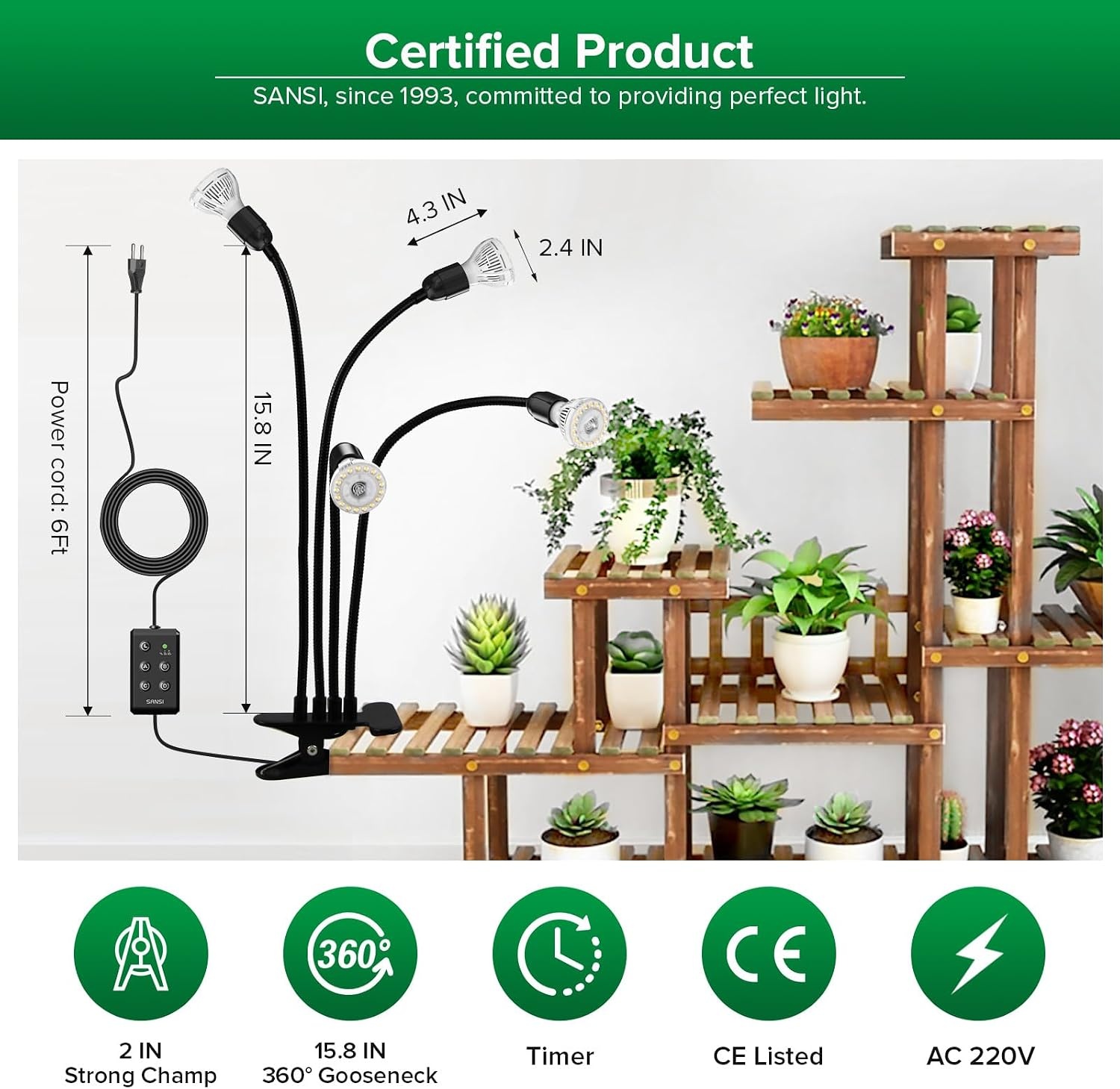 SANSI Led-plantenlamp voor kamerplanten, 600 W, volledig spectrum, 4 zwanenhals, clip, plantenlicht met timer, 4/8/12 uur, groeilamp met hoge PPFD-groeilamp voor tuin, broeikas