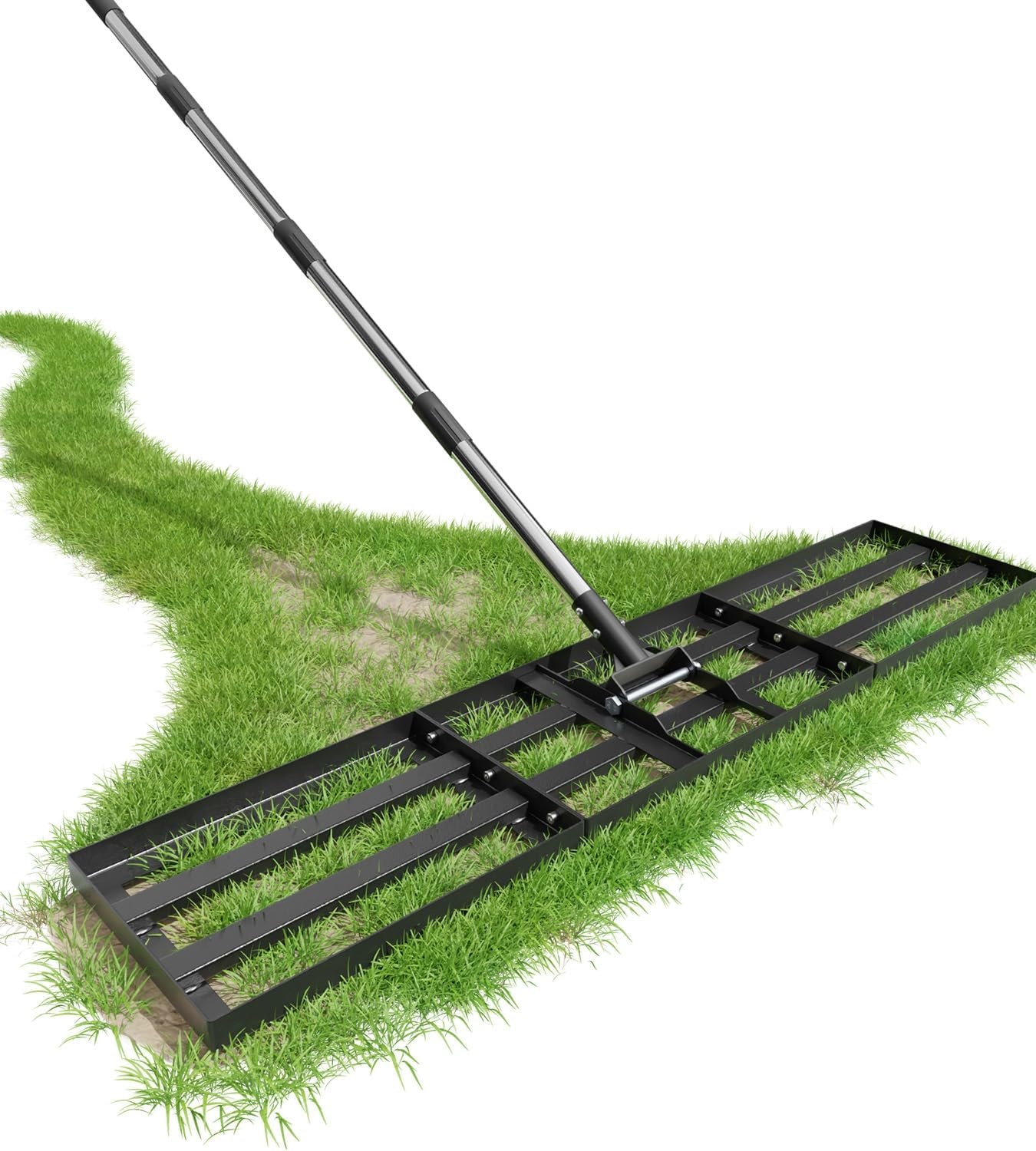 Gazonrakel 114 x 25 cm met verstelbare lengte, gazonnivelleringshark met 1,8 m lange roestvrijstalen steel, zeer belastbare gazonhark, moeiteloos zandhark voor tuin en achtertuin, voor het egaliseren - Maat 114x25x190cm