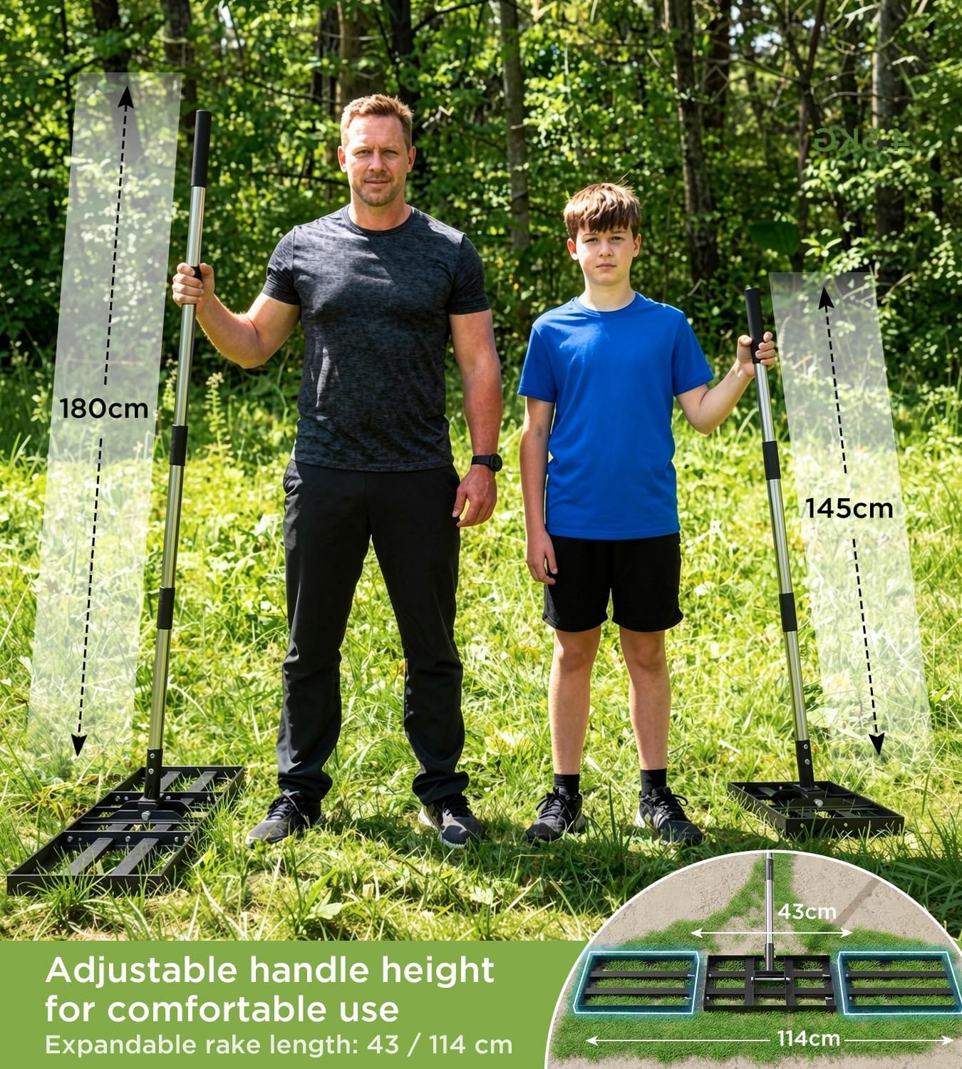 Gazonrakel 114 x 25 cm met verstelbare lengte, gazonnivelleringshark met 1,8 m lange roestvrijstalen steel, zeer belastbare gazonhark, moeiteloos zandhark voor tuin en achtertuin, voor het egaliseren - Maat 114x25x190cm