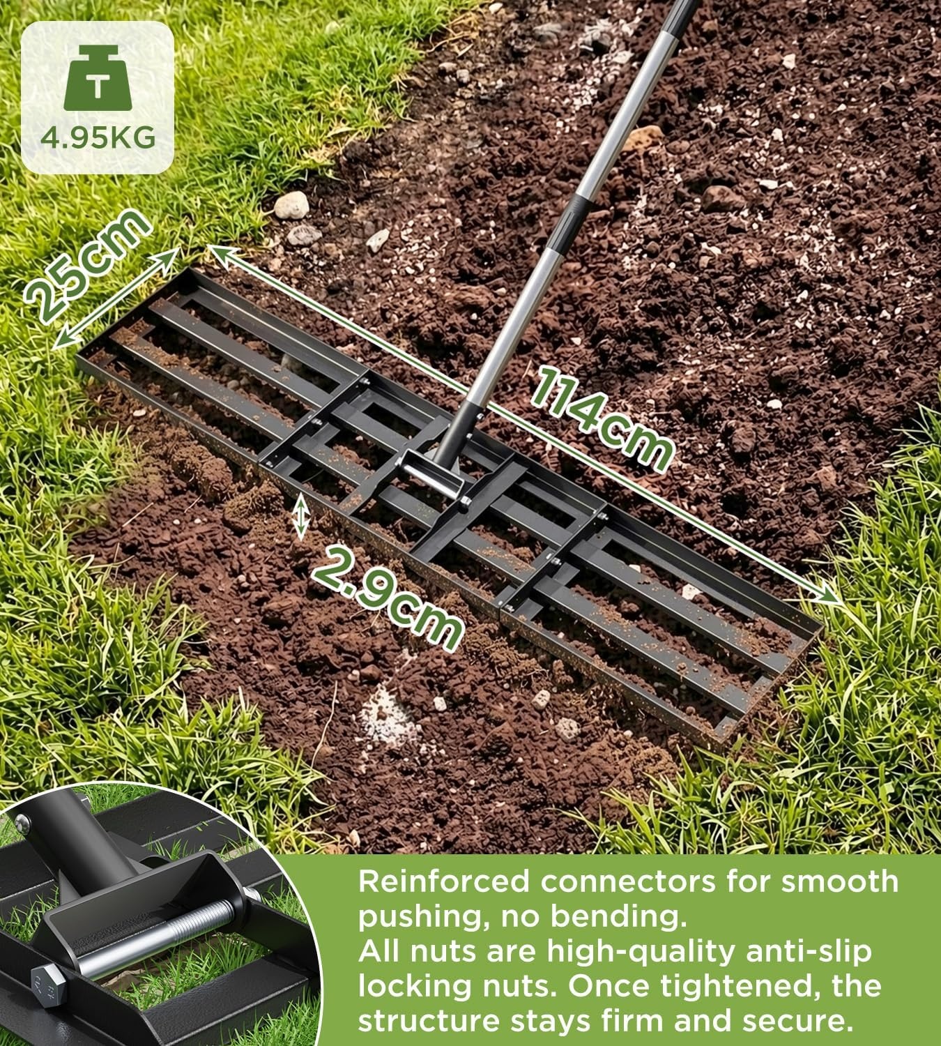 Gazonrakel 114 x 25 cm met verstelbare lengte, gazonnivelleringshark met 1,8 m lange roestvrijstalen steel, zeer belastbare gazonhark, moeiteloos zandhark voor tuin en achtertuin, voor het egaliseren - Maat 114x25x190cm