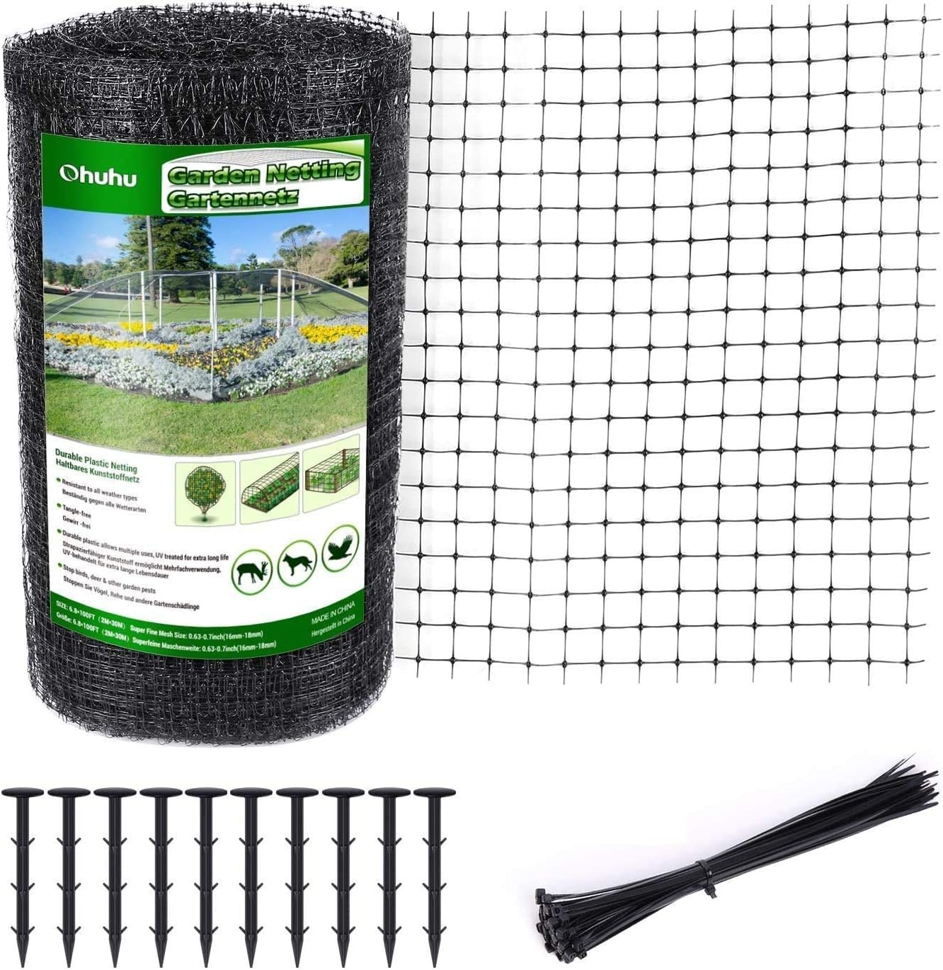 Ohuhu Vogelnet Tuinnet 2m x 30m - Zwart - Inclusief Kabelbinders en Grondpennen