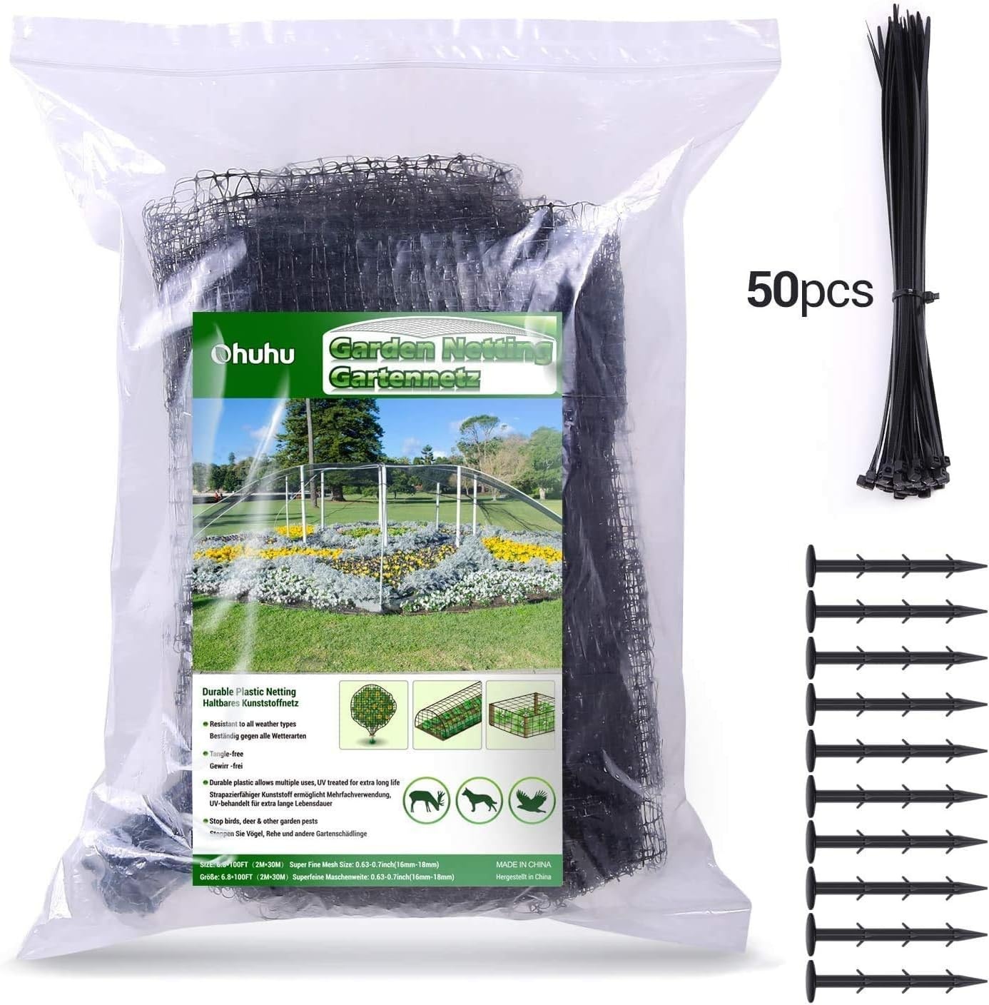 Ohuhu Vogelnet Tuinnet 2m x 30m - Zwart - Inclusief Kabelbinders en Grondpennen