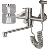 Kraan keukenmuurkraan voor keuken, met spuitpistool en 2 soorten waterstraal, kraanmuur draaibaar 360 ° uitloop, eenvoudige installatie keukenkraan wandmontage (Geborsteld roestvrij staal)