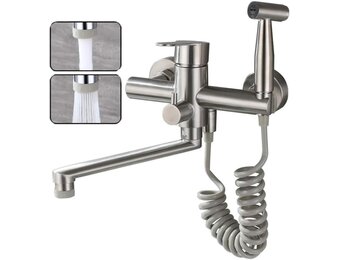 Kraan keukenmuurkraan voor keuken, met spuitpistool en 2 soorten waterstraal, kraanmuur draaibaar 360 ° uitloop, eenvoudige installatie keukenkraan wandmontage (Geborsteld roestvrij staal)