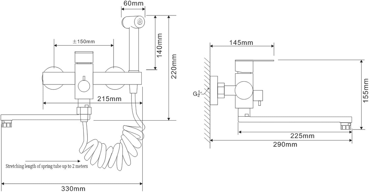 Kraan keukenmuurkraan voor keuken, met spuitpistool en 2 soorten waterstraal, kraanmuur draaibaar 360 ° uitloop, eenvoudige installatie keukenkraan wandmontage (Geborsteld roestvrij staal)
