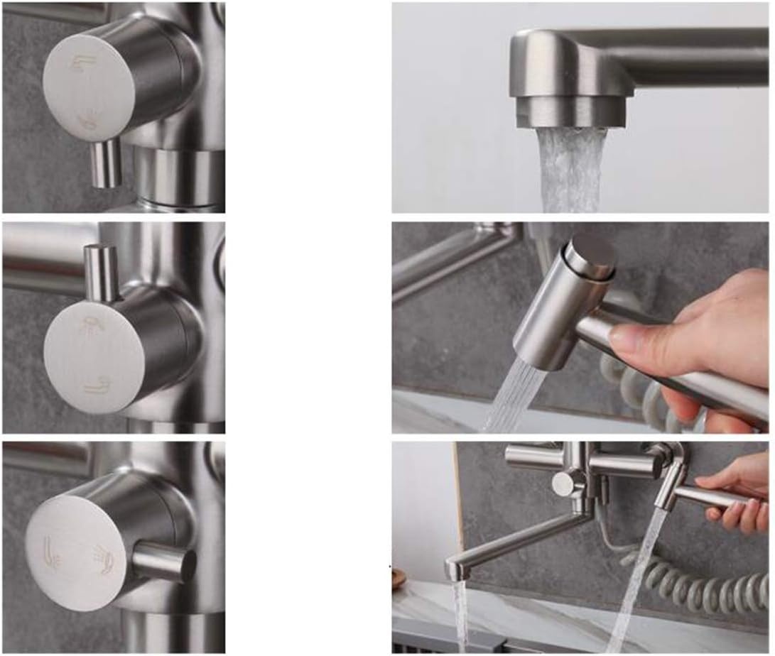 Kraan keukenmuurkraan voor keuken, met spuitpistool en 2 soorten waterstraal, kraanmuur draaibaar 360 ° uitloop, eenvoudige installatie keukenkraan wandmontage (Geborsteld roestvrij staal)