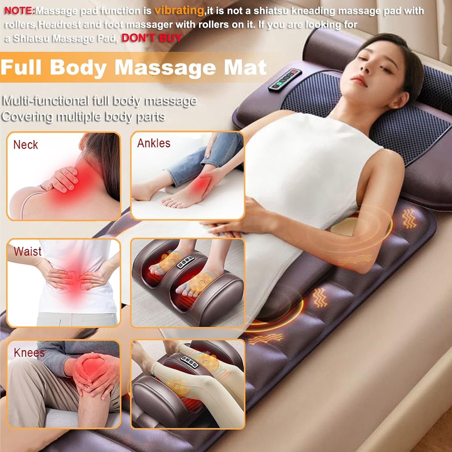 Massagekussen voor het hele lichaam, massagekussen met verwarming, 9 massagemodi en 9 snelheidsmodi met afneembare nekmassage (bruin)