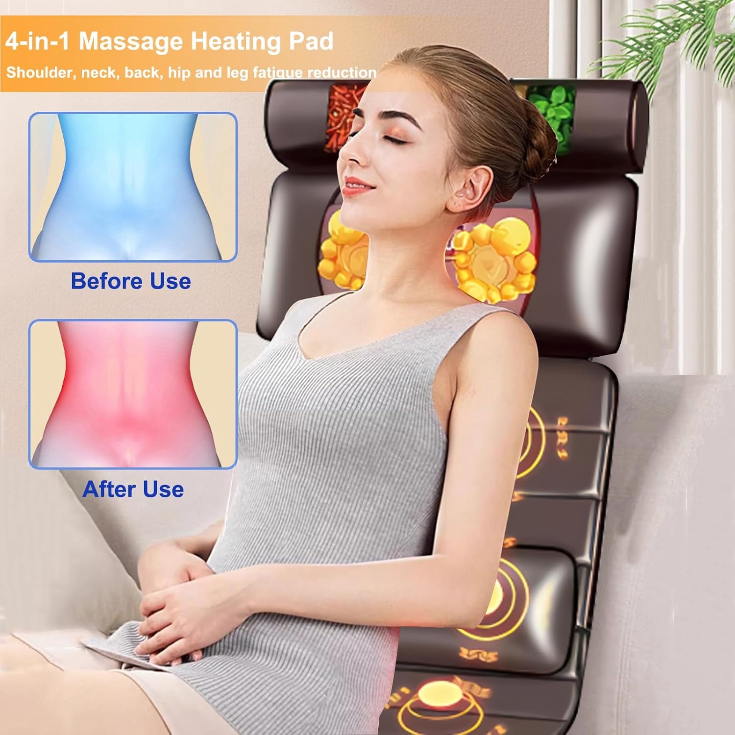 Massagekussen voor het hele lichaam, massagekussen met verwarming, 9 massagemodi en 9 snelheidsmodi met afneembare nekmassage (bruin)