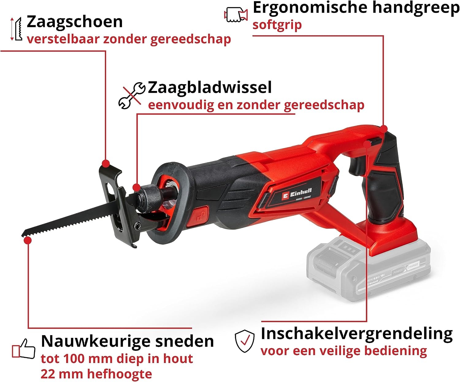 Einhell Accu Reciprozaag TE-AP 18/22 Li-Solo Zwart/Rood