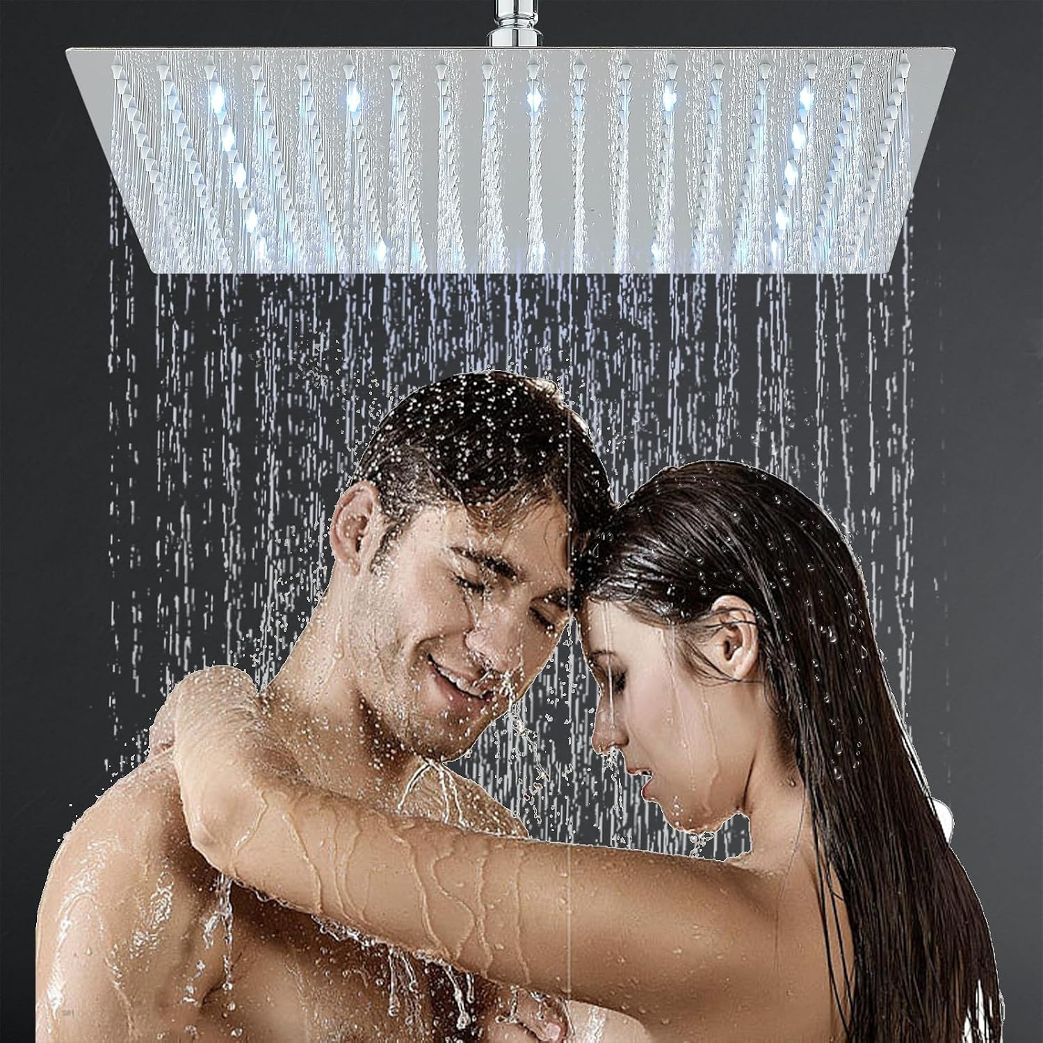 Led-douchekop, regendouche, 40 cm, roestvrij staal, met zelfreinigende sproeiers, vierkant, chroom