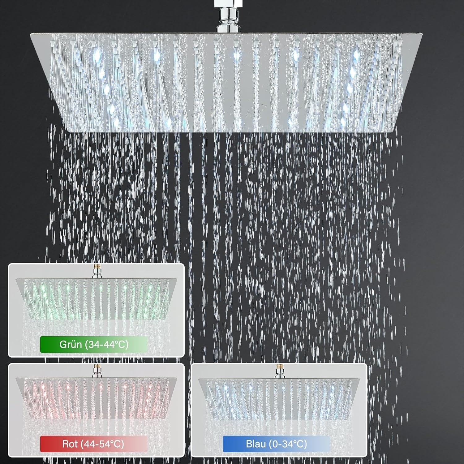 Led-douchekop, regendouche, 40 cm, roestvrij staal, met zelfreinigende sproeiers, vierkant, chroom