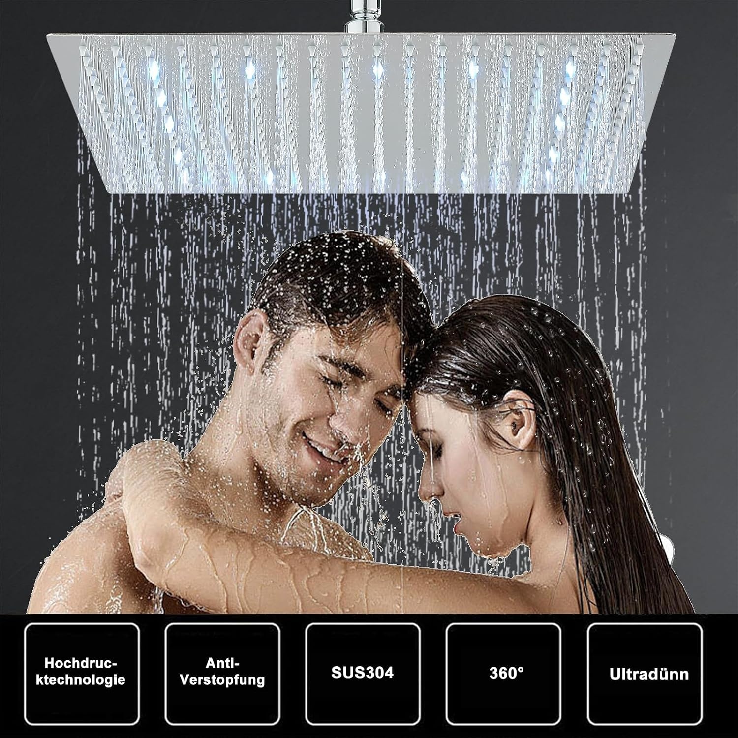 Led-douchekop, regendouche, 40 cm, roestvrij staal, met zelfreinigende sproeiers, vierkant, chroom