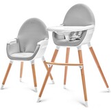 Kinderkraft 2-in-1 hoge kinderstoel FINI, hoge babystoel, kinderstoeltje, combistoel, houten poten, veiligheidsgordel, voetensteun, dubbel eetblad, 5-puntsveiligheidsgordel, grijs
