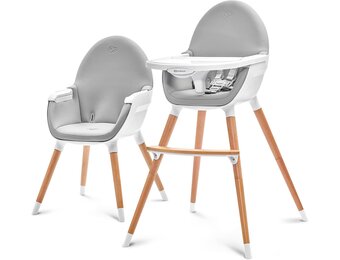 Kinderkraft 2-in-1 hoge kinderstoel FINI, hoge babystoel, kinderstoeltje, combistoel, houten poten, veiligheidsgordel, voetensteun, dubbel eetblad, 5-puntsveiligheidsgordel, grijs