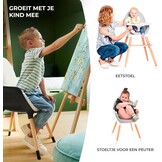 Kinderkraft 2-in-1 hoge kinderstoel FINI, hoge babystoel, kinderstoeltje, combistoel, houten poten, veiligheidsgordel, voetensteun, dubbel eetblad, 5-puntsveiligheidsgordel, grijs