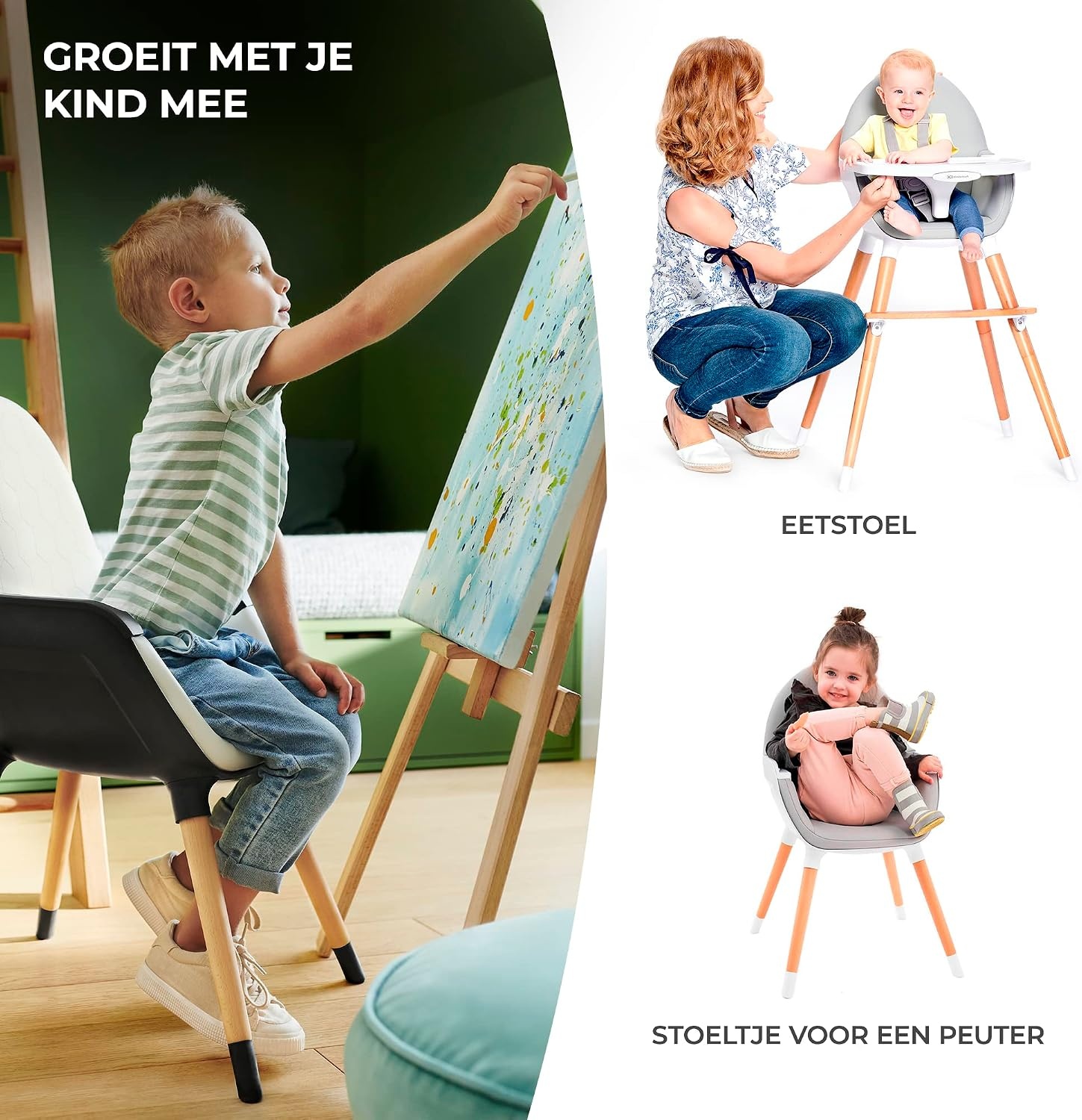 Kinderkraft 2-in-1 hoge kinderstoel FINI, hoge babystoel, kinderstoeltje, combistoel, houten poten, veiligheidsgordel, voetensteun, dubbel eetblad, 5-puntsveiligheidsgordel, grijs