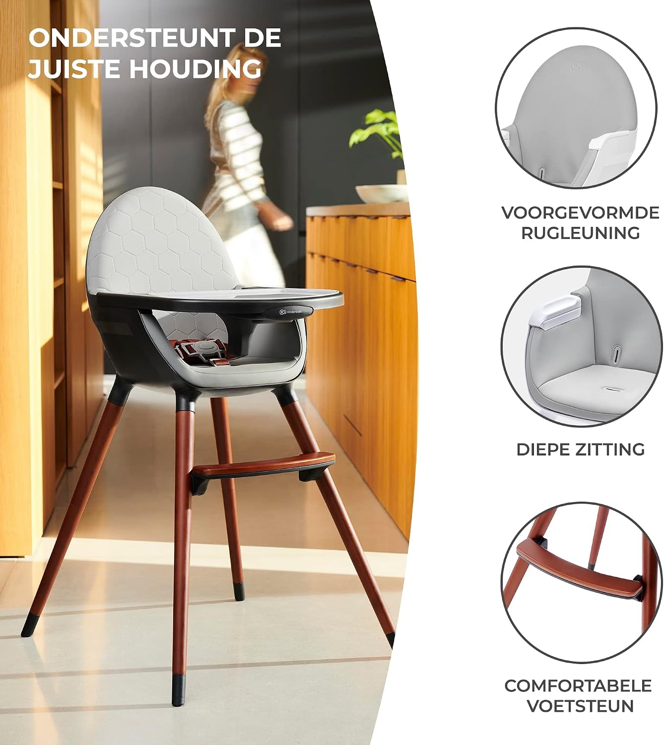 Kinderkraft 2-in-1 hoge kinderstoel FINI, hoge babystoel, kinderstoeltje, combistoel, houten poten, veiligheidsgordel, voetensteun, dubbel eetblad, 5-puntsveiligheidsgordel, grijs