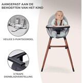Kinderkraft 2-in-1 hoge kinderstoel FINI, hoge babystoel, kinderstoeltje, combistoel, houten poten, veiligheidsgordel, voetensteun, dubbel eetblad, 5-puntsveiligheidsgordel, grijs