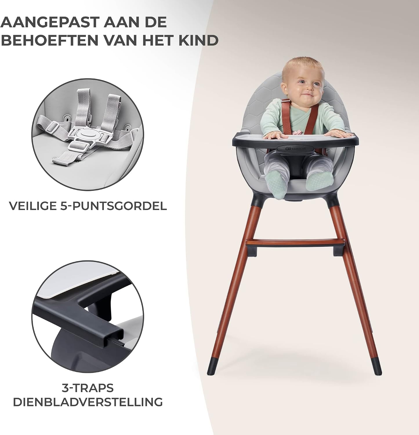 Kinderkraft 2-in-1 hoge kinderstoel FINI, hoge babystoel, kinderstoeltje, combistoel, houten poten, veiligheidsgordel, voetensteun, dubbel eetblad, 5-puntsveiligheidsgordel, grijs