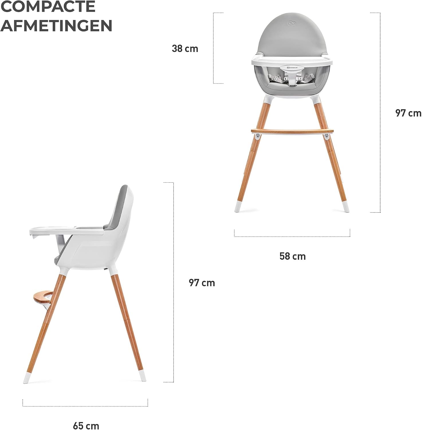 Kinderkraft 2-in-1 hoge kinderstoel FINI, hoge babystoel, kinderstoeltje, combistoel, houten poten, veiligheidsgordel, voetensteun, dubbel eetblad, 5-puntsveiligheidsgordel, grijs