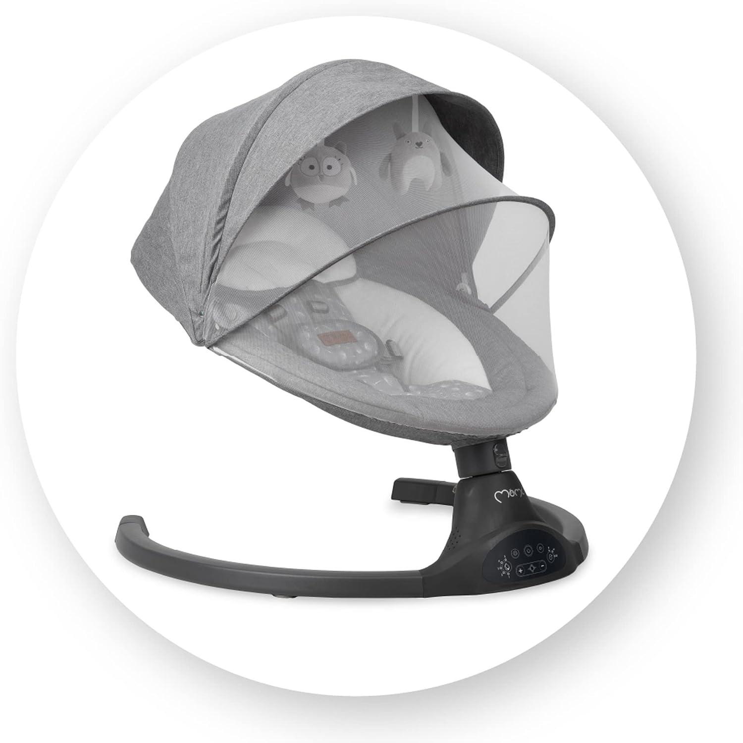 MoMi KENANI Ligstoel voor schommelbank, tot 9 kg, opvouwbaar, afstandsbediening en bluetooth, voor smartphone, stroomvoorziening op batterijen en netvoeding, 5-punts veiligheidsgordel, zonwering