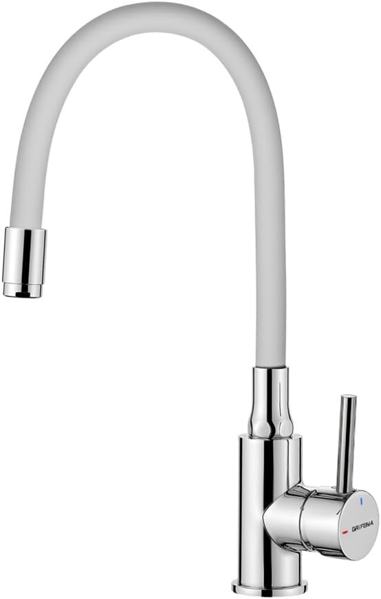 GRIFEMA G4002-3 Keukenkraan, 360° Draaibaar Keukenkraan met Flexibele Vervormbare Siliconen Slang, Chroom, Wit