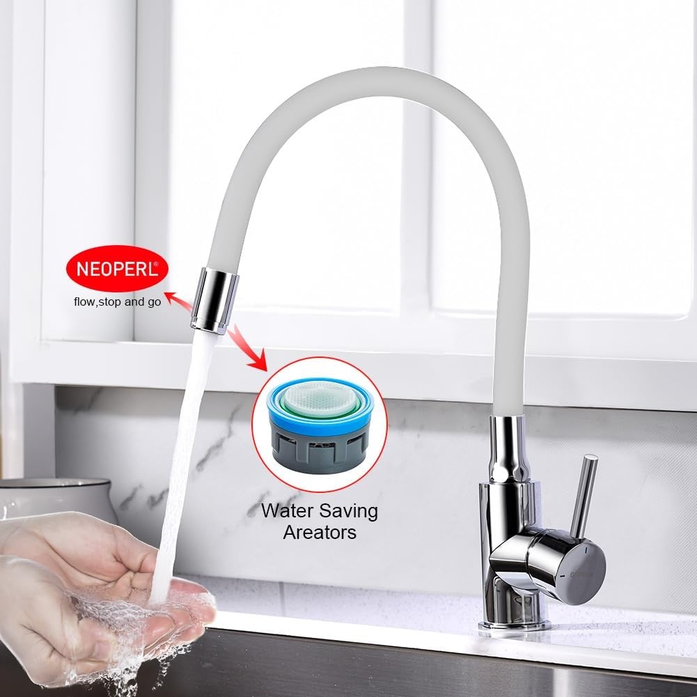 GRIFEMA G4002-3 Keukenkraan, 360° Draaibaar Keukenkraan met Flexibele Vervormbare Siliconen Slang, Chroom, Wit