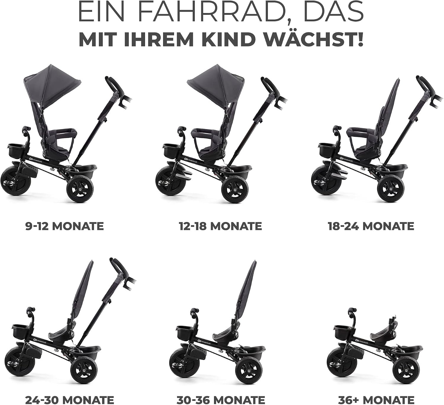 Kinderkraft Aveo Dreirad - Kinderdriewieler met duwstang - Grijs - Tot 25 kg