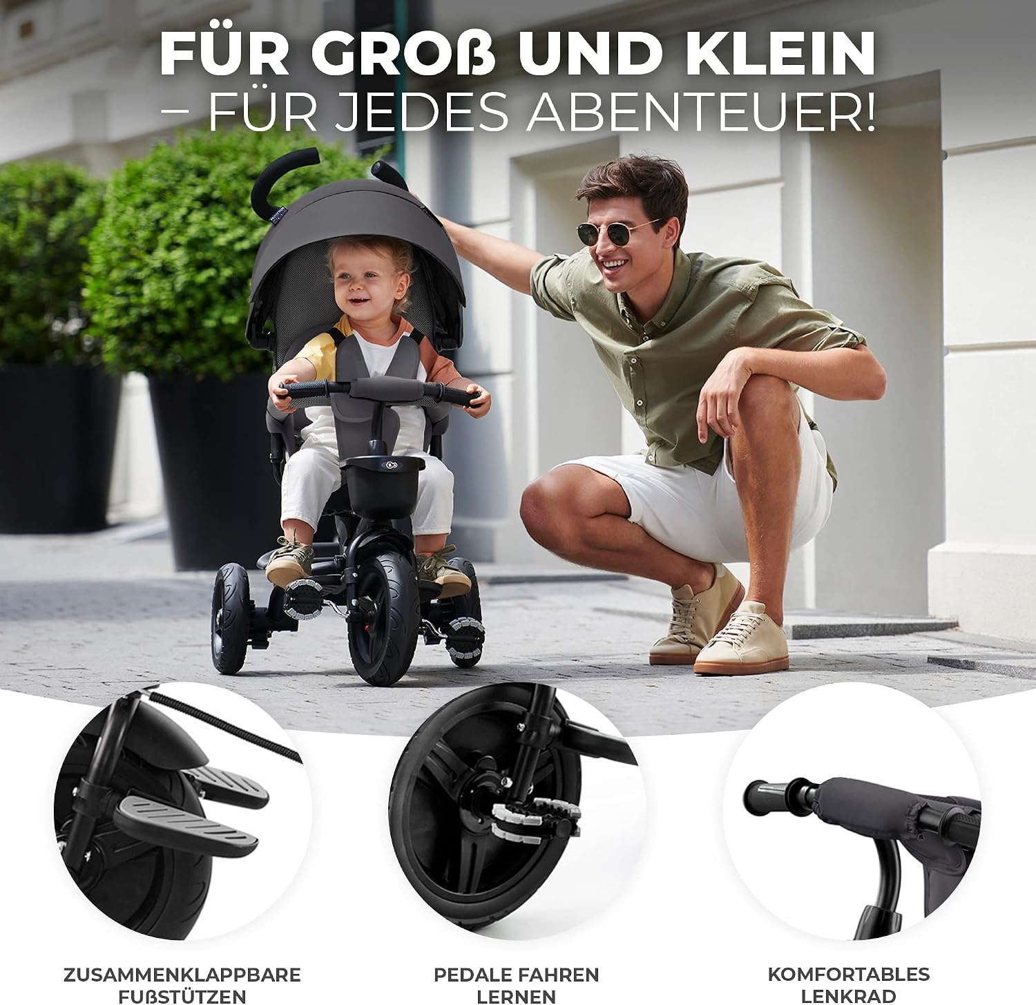 Kinderkraft Aveo Dreirad - Kinderdriewieler met duwstang - Grijs - Tot 25 kg
