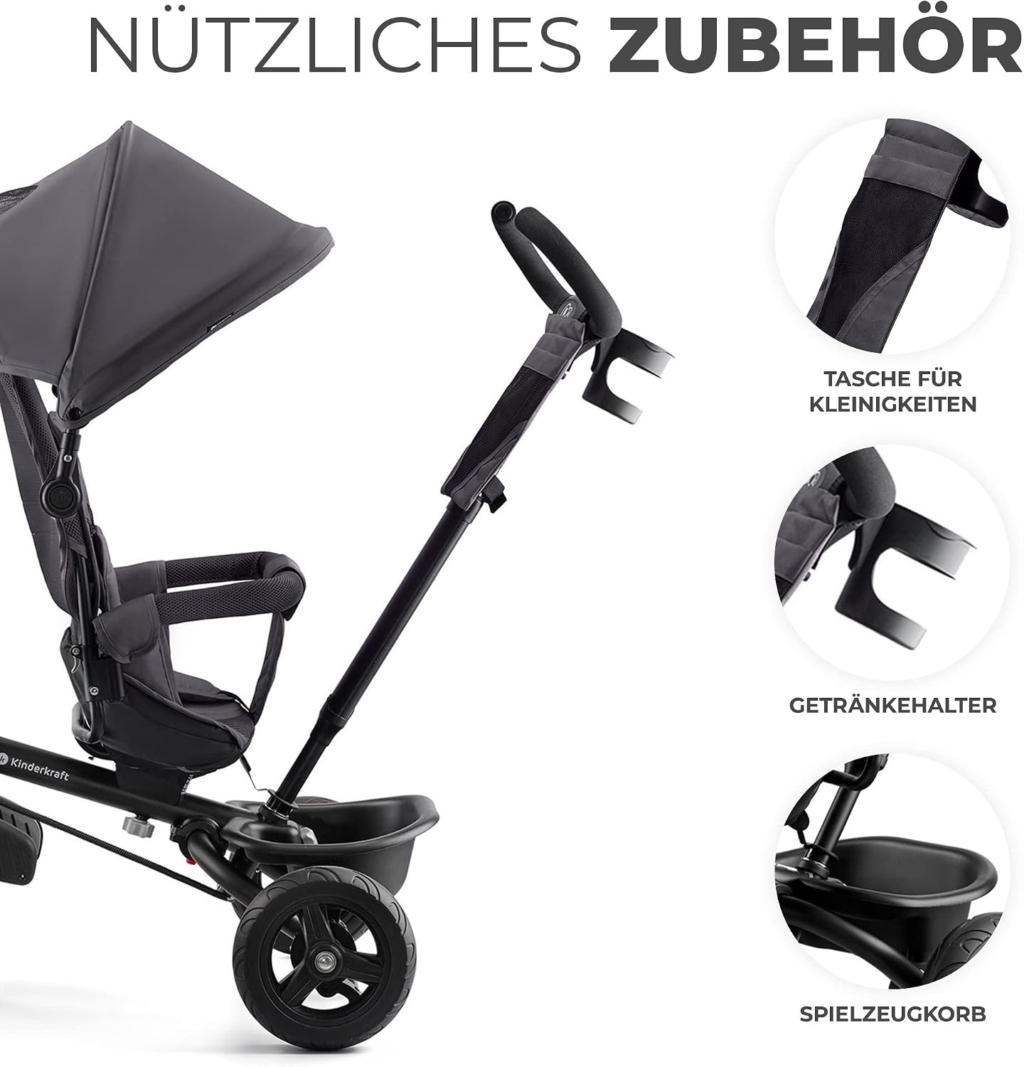 Kinderkraft Aveo Dreirad - Kinderdriewieler met duwstang - Grijs - Tot 25 kg