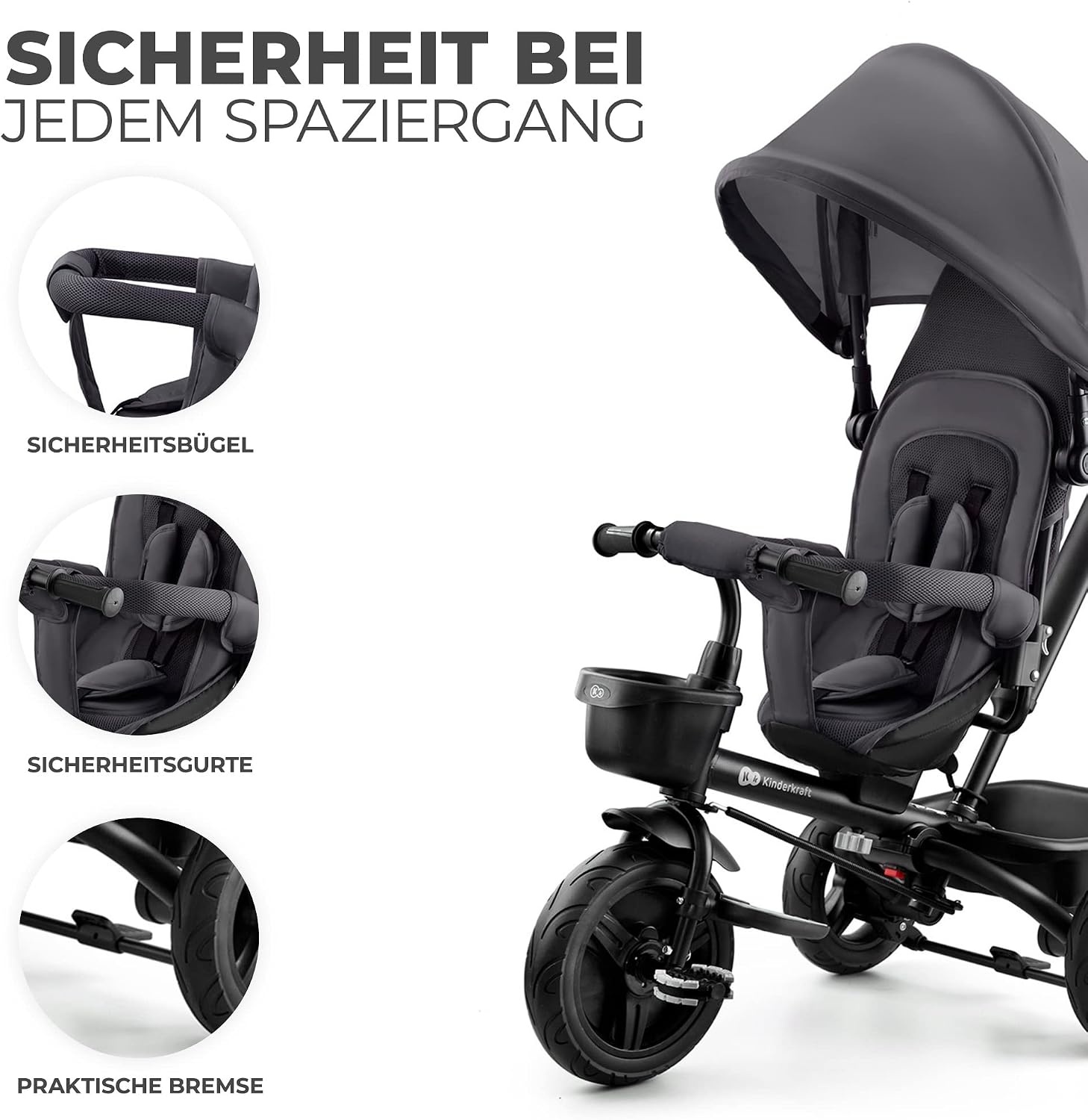 Kinderkraft Aveo Dreirad - Kinderdriewieler met duwstang - Grijs - Tot 25 kg