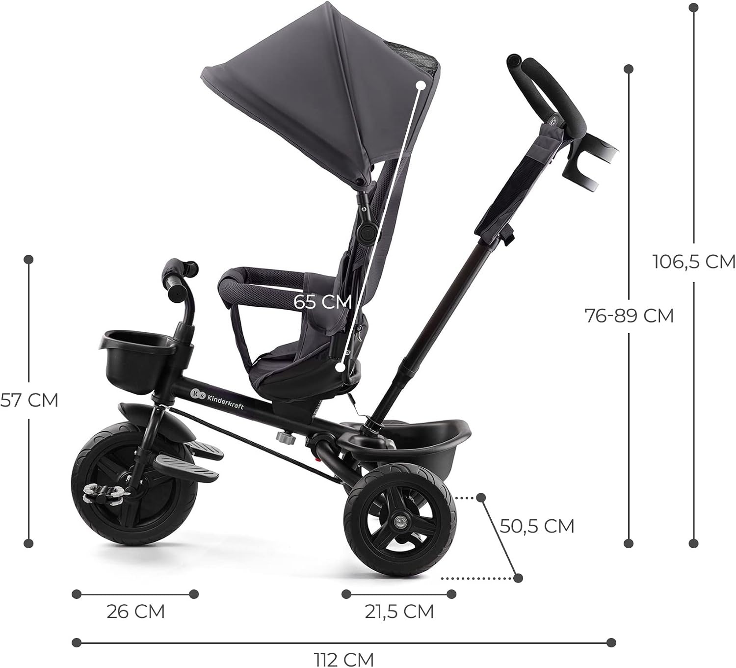 Kinderkraft Aveo Dreirad - Kinderdriewieler met duwstang - Grijs - Tot 25 kg