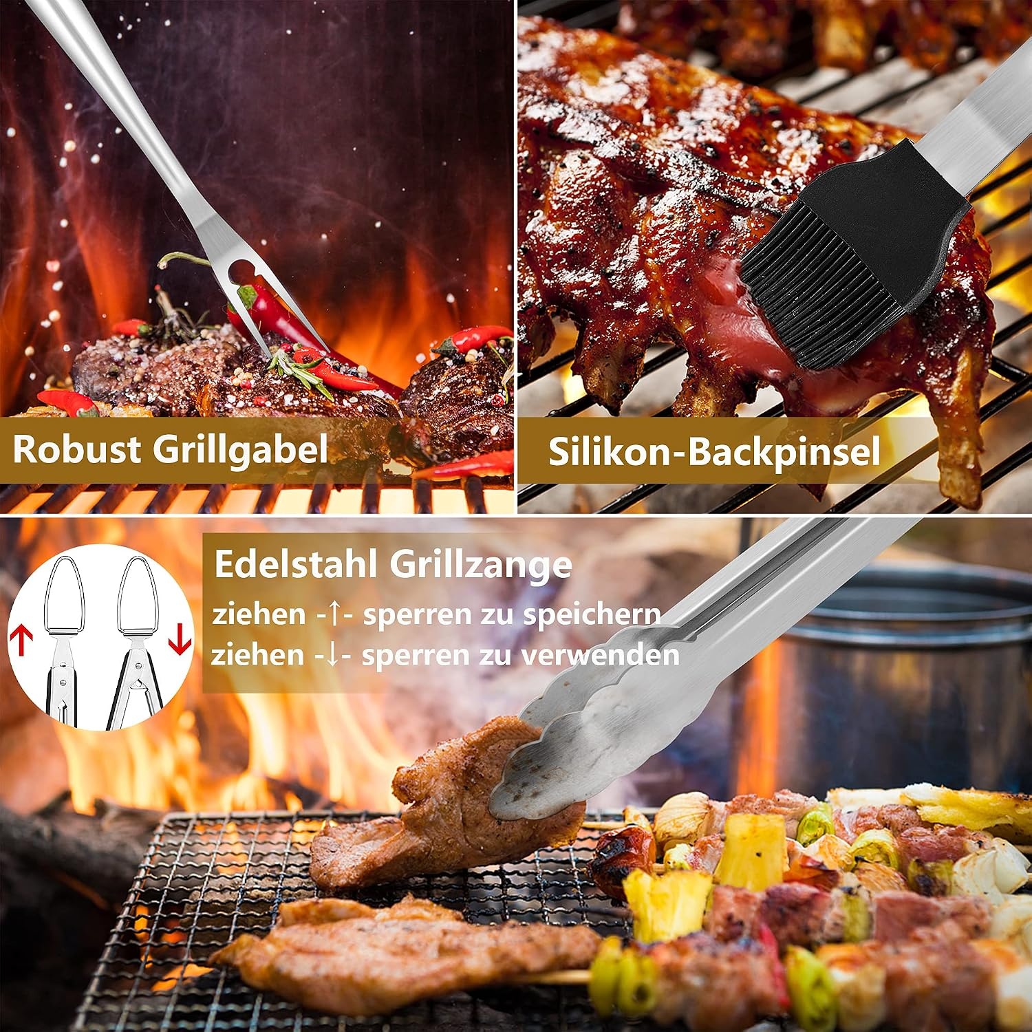 Herogo Grillbestekset, 6-delige roestvrijstalen grillaccessoires met draagtas