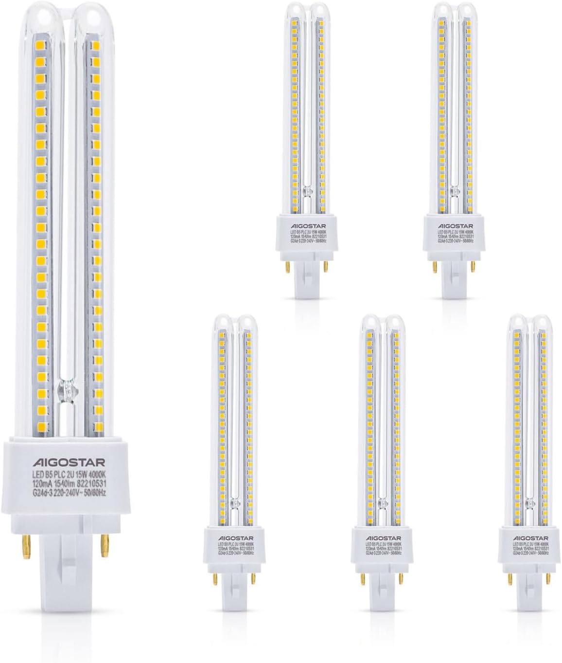 Aigostar Pack van 5 PLC 2U lampen, 15W Mais G24 buis, Neutraal Wit Licht 4000K, 1540lm, Niet verstelbaar